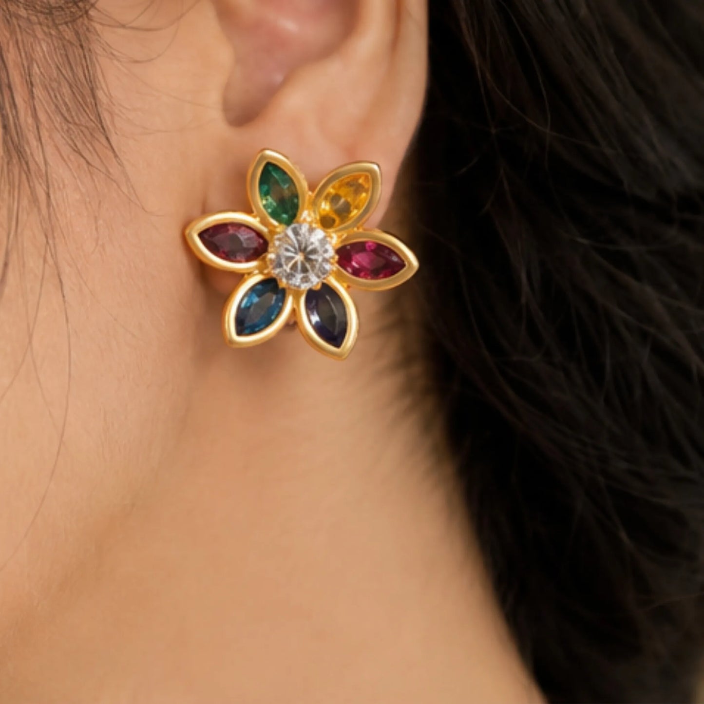 Floral Star Multi-Gem Kashmiri Jhumka Earrings