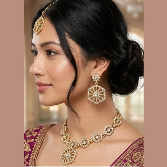Muted Gold Tone Necklace Set with Earrings & Maang Tikka