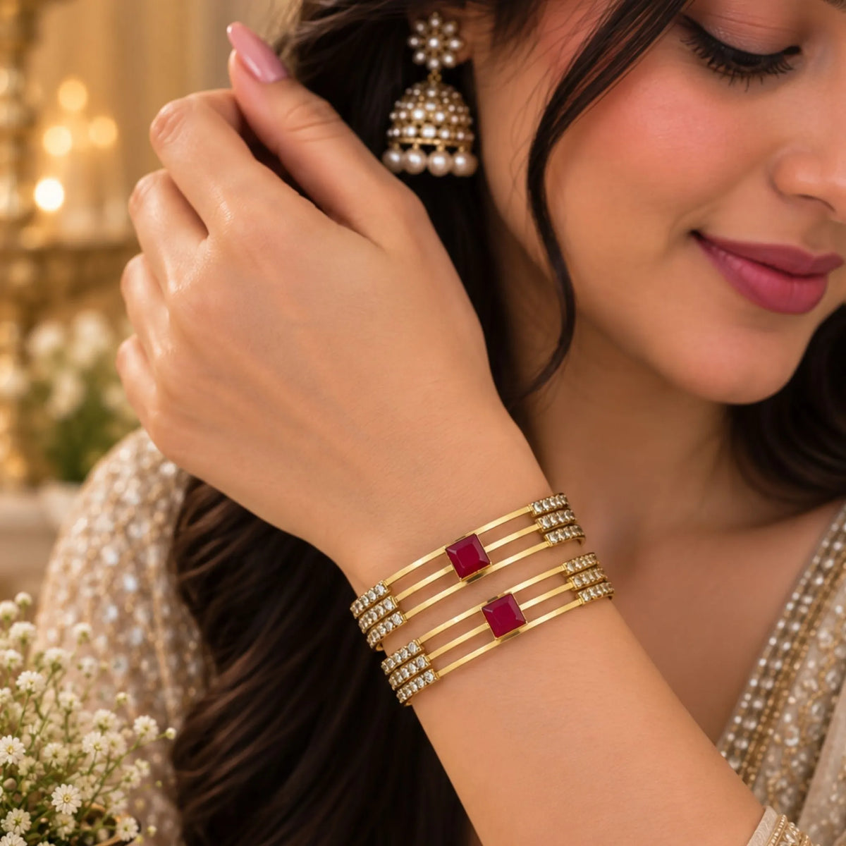 Square Red Stone Gold-Tone Party Wear Bangles