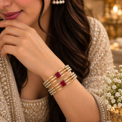 Square Red Stone Gold-Tone Party Wear Bangles