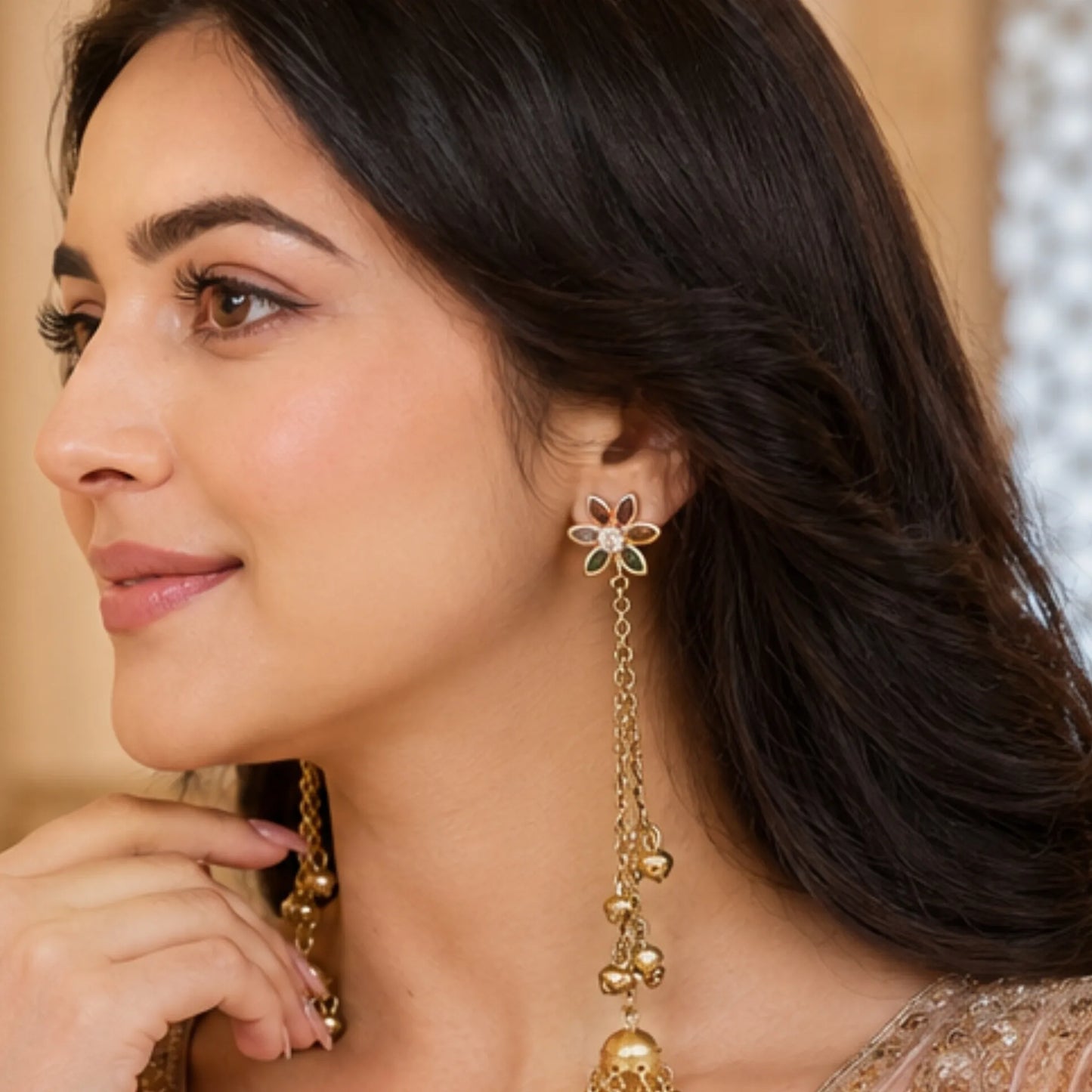 Floral Star Multi-Gem Kashmiri Jhumka Earrings