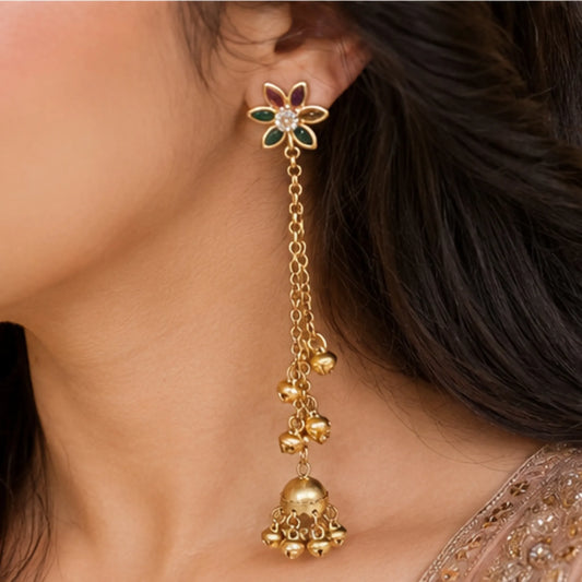 Floral Star Multi-Gem Kashmiri Jhumka Earrings