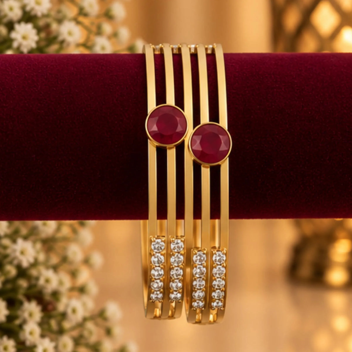 Round Red Stone Gold-Tone Party Wear Bangle Pair