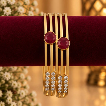 Round Red Stone Gold-Tone Party Wear Bangle Pair