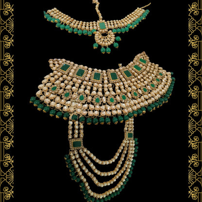 Royal Green Kundan Bridal Set with Layered Haar & Hand Harness – Complete Wedding Jewellery set