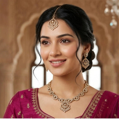 Gold Tone Necklace Set with Earrings & Maang Tikka