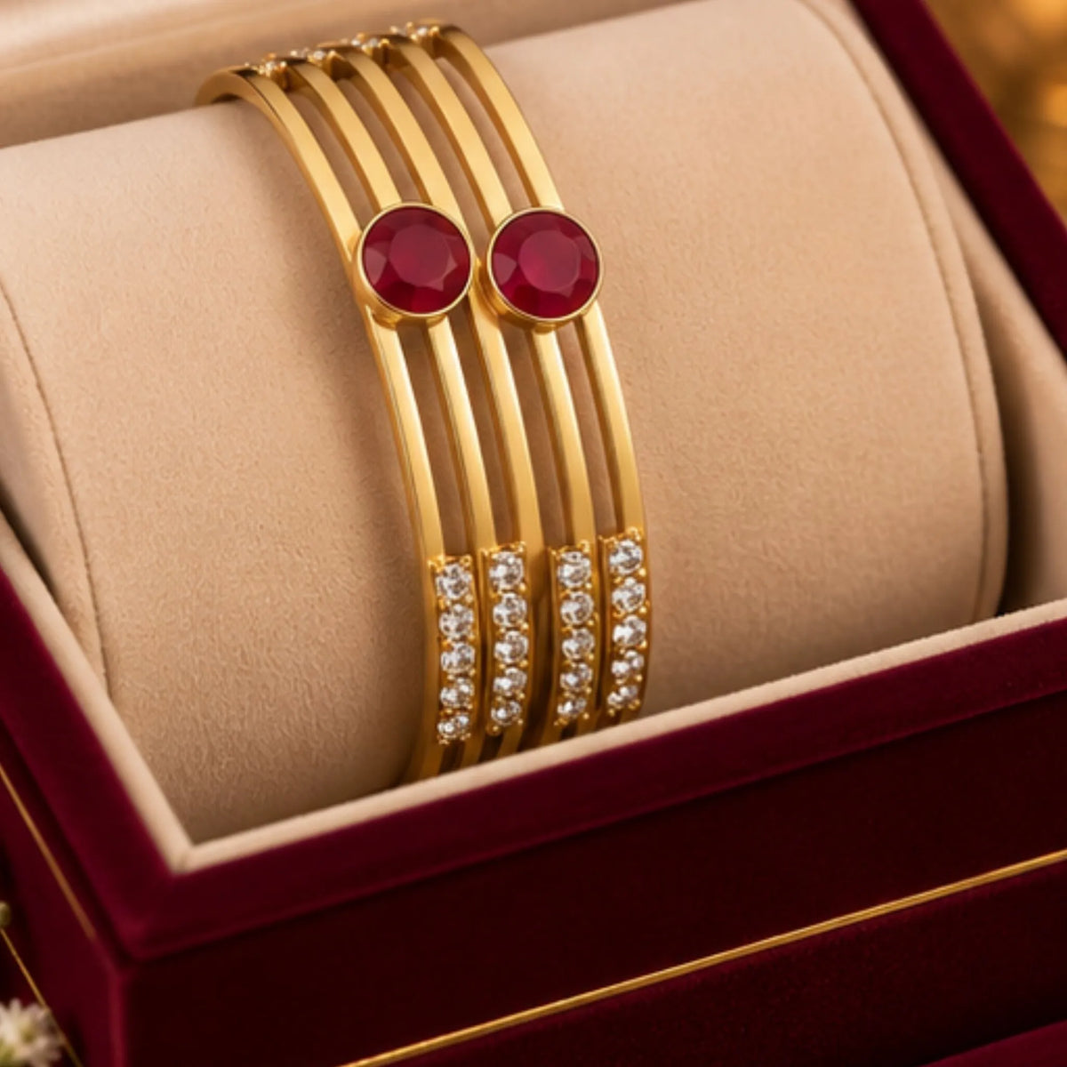 Round Red Stone Gold-Tone Party Wear Bangle Pair