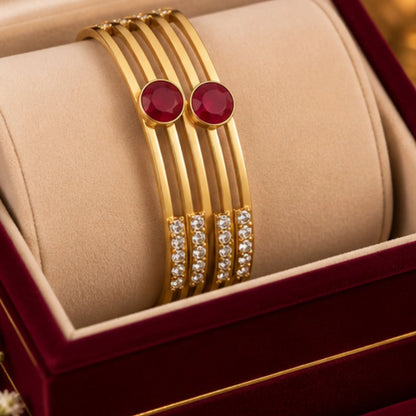 Round Red Stone Gold-Tone Party Wear Bangle Pair