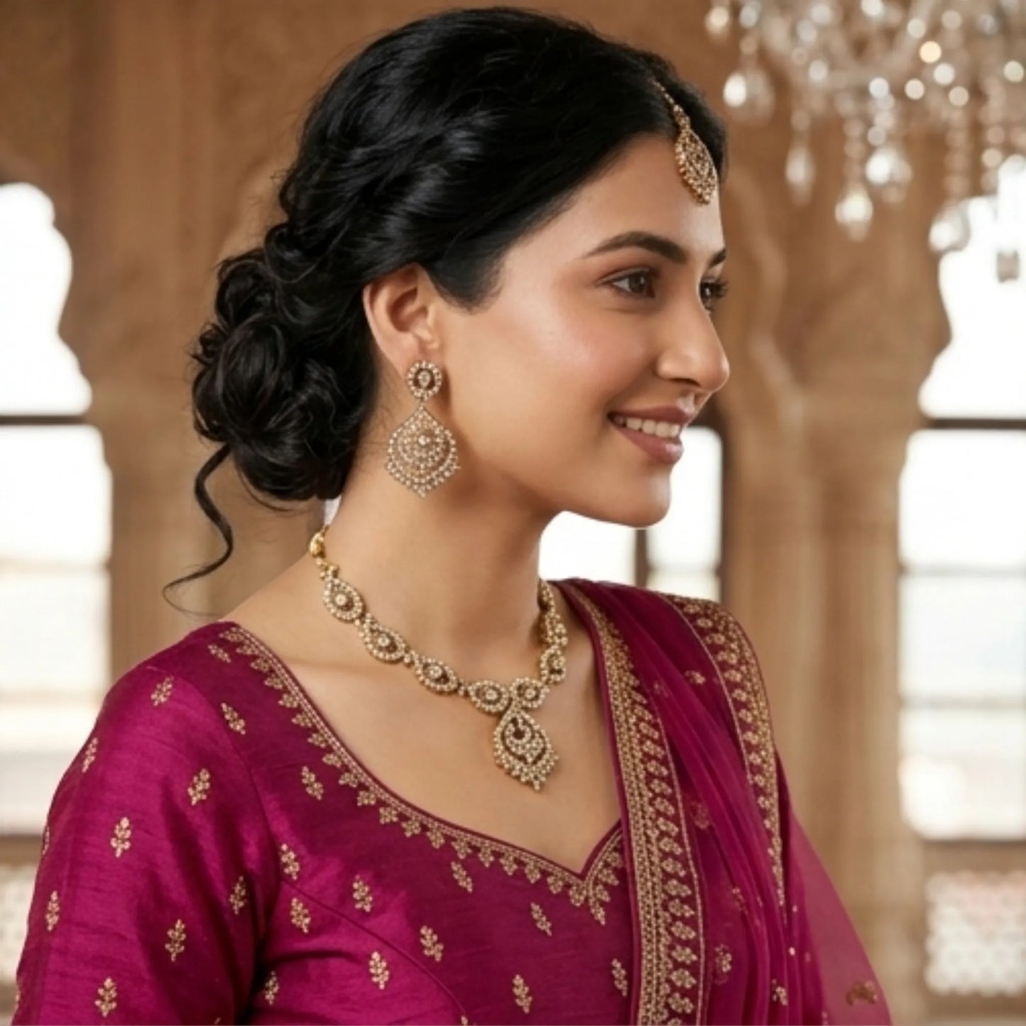 Gold Tone Necklace Set with Earrings & Maang Tikka