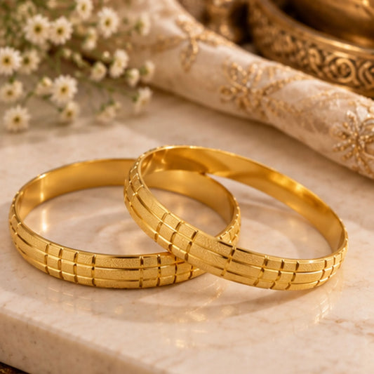 Gold-Tone Textured Grid Design Bangles Set – Elegant Geometric Traditional Indian Jewellery