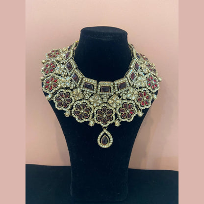 Maroon Stone Bridal Necklace Set with Earrings & Maang Tikka