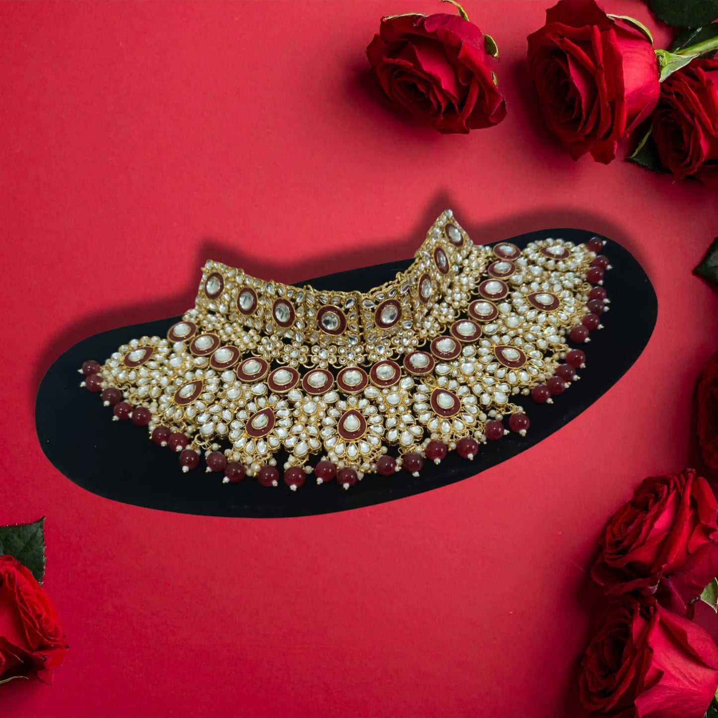 Royal Kundan Bridal Jewellery Set –  Maroon Choker Necklace with Earrings, Maatha Patti & Nath