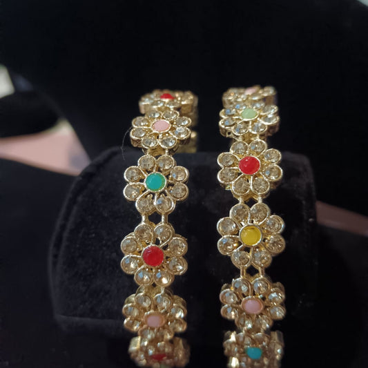 Multicolor Floral Stone Kada Bangles (Pair) – Traditional Gold-Tone Festive Elegance