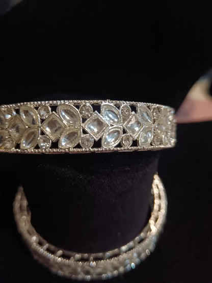 Crystal Kada Bangles (Pair) – Elegant Silver-Tone Traditional Wear