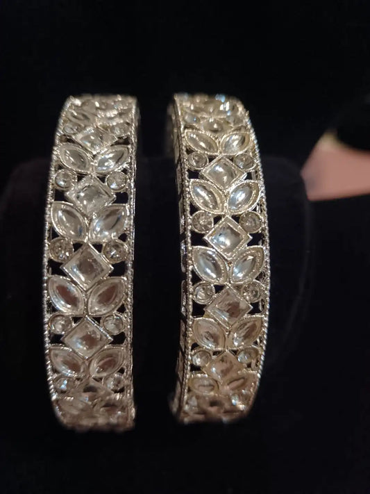 Crystal Kada Bangles (Pair) – Elegant Silver-Tone Traditional Wear