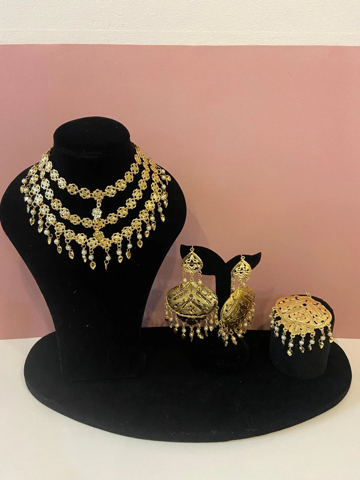 Bridal Jewelry Set - Statement Necklace, Earrings & Tikka with Pearl Dangles